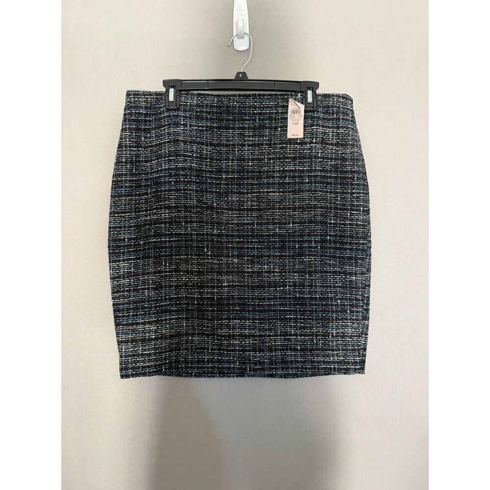 Ann Taylor Tweed Skirt Womens 14P Black Blue Pencil Lined Workwear Career New